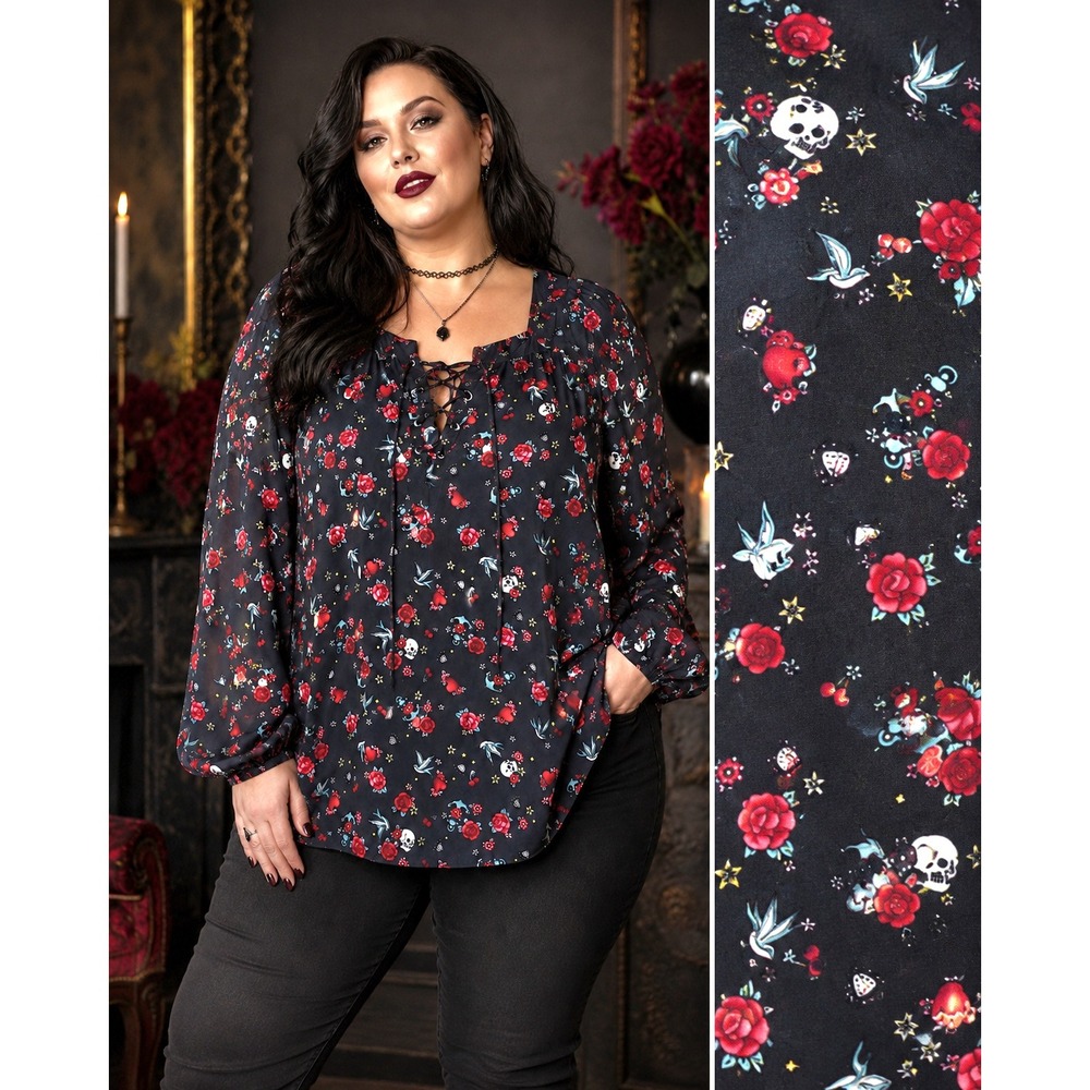 Torrid Harper Tattoo Flash Print Top Dark Romantic Skull Rose Whimsigoth Size 3X